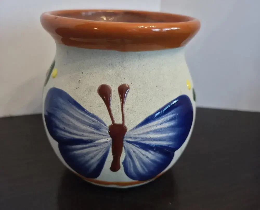 Mexican Folk Art Clay Mug Flowers Blue Butterfly Colorful Talavera